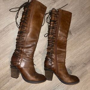 Rikter cognac lace knee high boots size 8 women’s leather Steve Madden boho